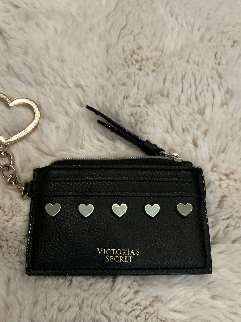 Victoria's Secret Black Card Holder Keychain with Silver Heart Accents